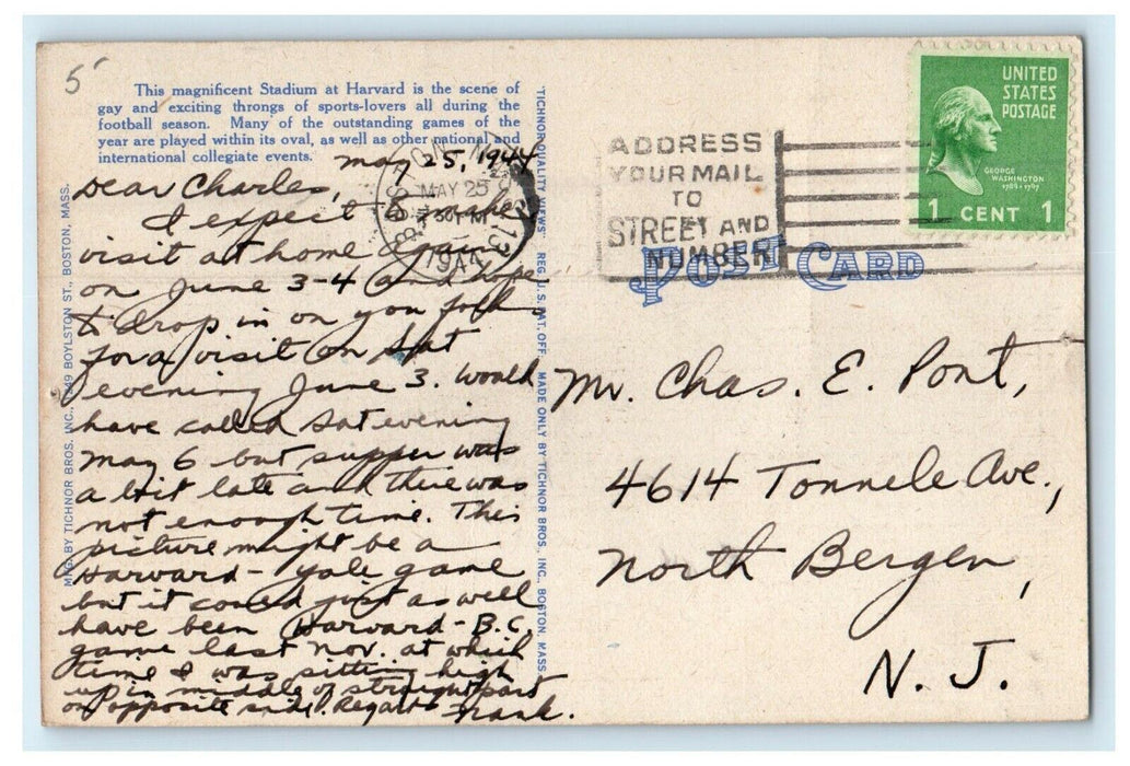 1944 Airplane View Harvard Stadium Cambridge Massachusetts MA Vintage Postcard