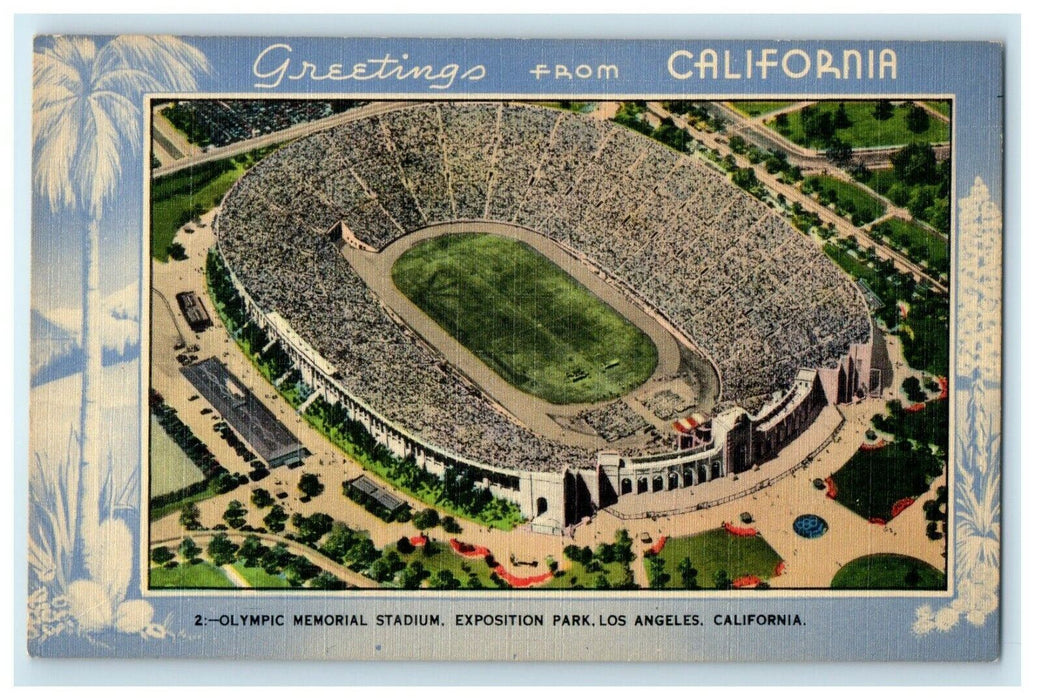 Greetings From California CA, Olympic Memorial Stadium Los Angeles Postcard
