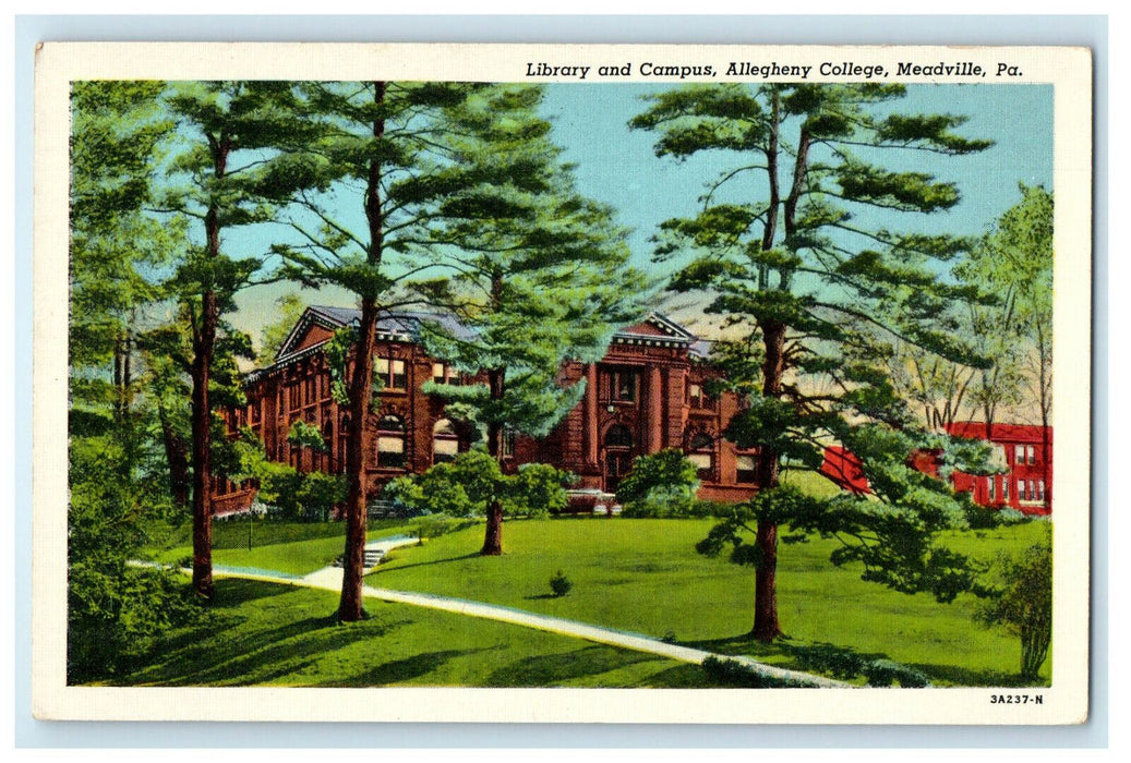 c1940 Library and Campus, Allegheny College, Meadville, Pennsylvania PA Postcard