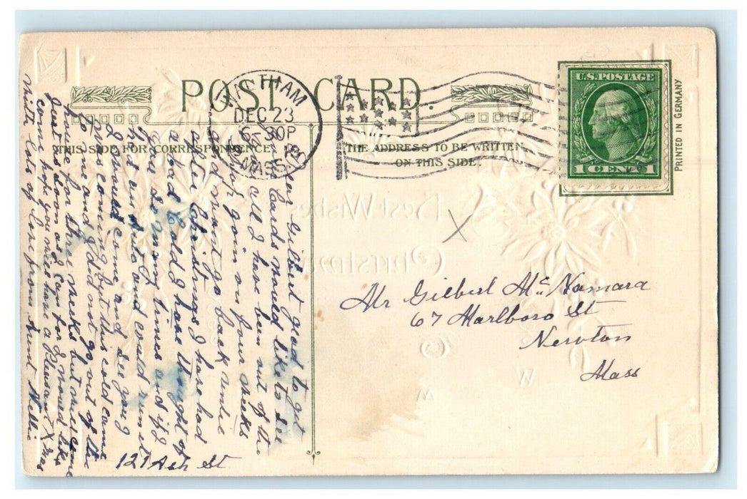 1913 John Winsch Best Wishes Christmas Poinsettia Red Flowers Embossed Postcard