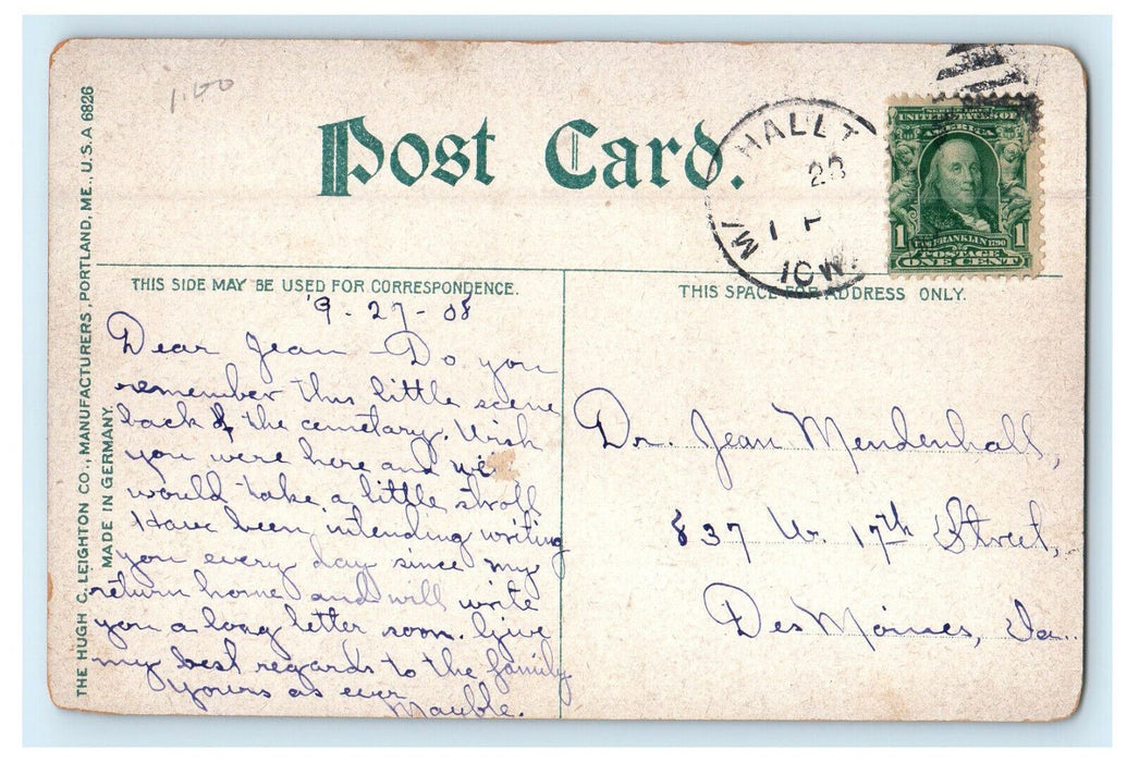 1908 Lovers Lane View, Marshalltown Iowa IA Unposted Antique Postcard