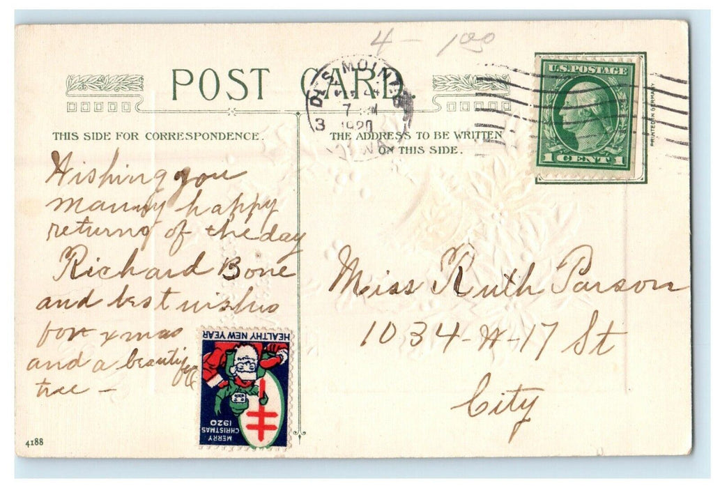 1920 John Winsch Christmas Holly Poinsettia Bell Embossed Antique Postcard