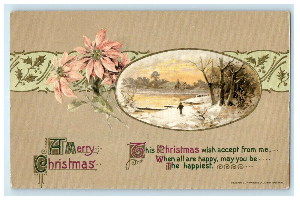 1920 John Winsch Christmas Child In Winter Snow Poinsettia Embossed Postcard