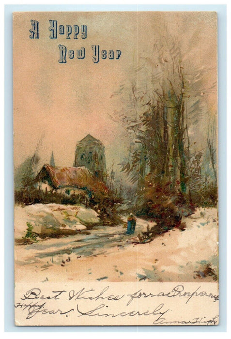 1907 New Year Snow Winter Old Woman Antique Handcolored Postcard