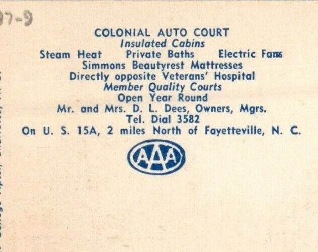 Colonial Auto Court 2 Miles North Of Fayetteville North Carolina NC Postcard