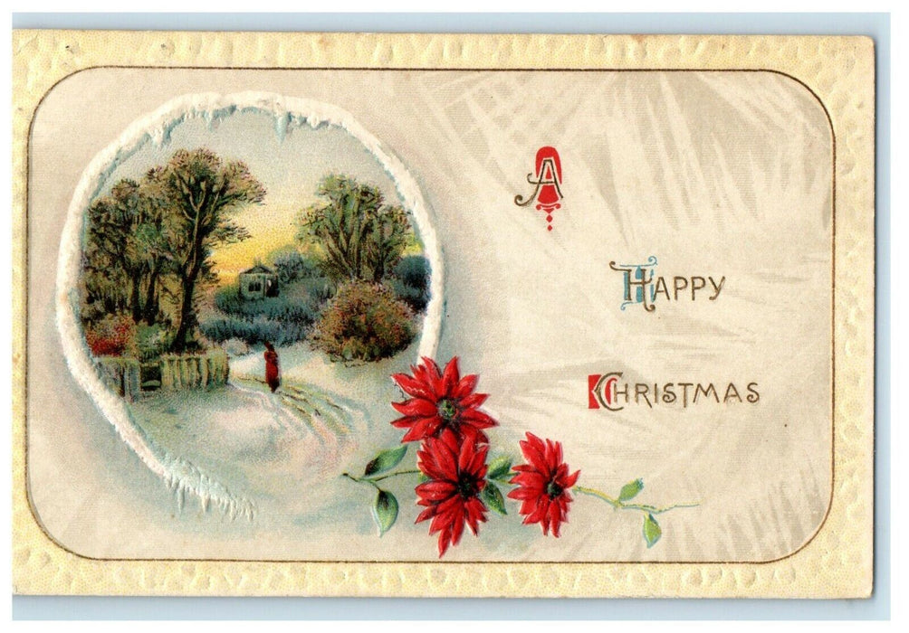 1912 Christmas Girl In Snow Winter Road Poinsettia Winsch Back Embossed Postcard