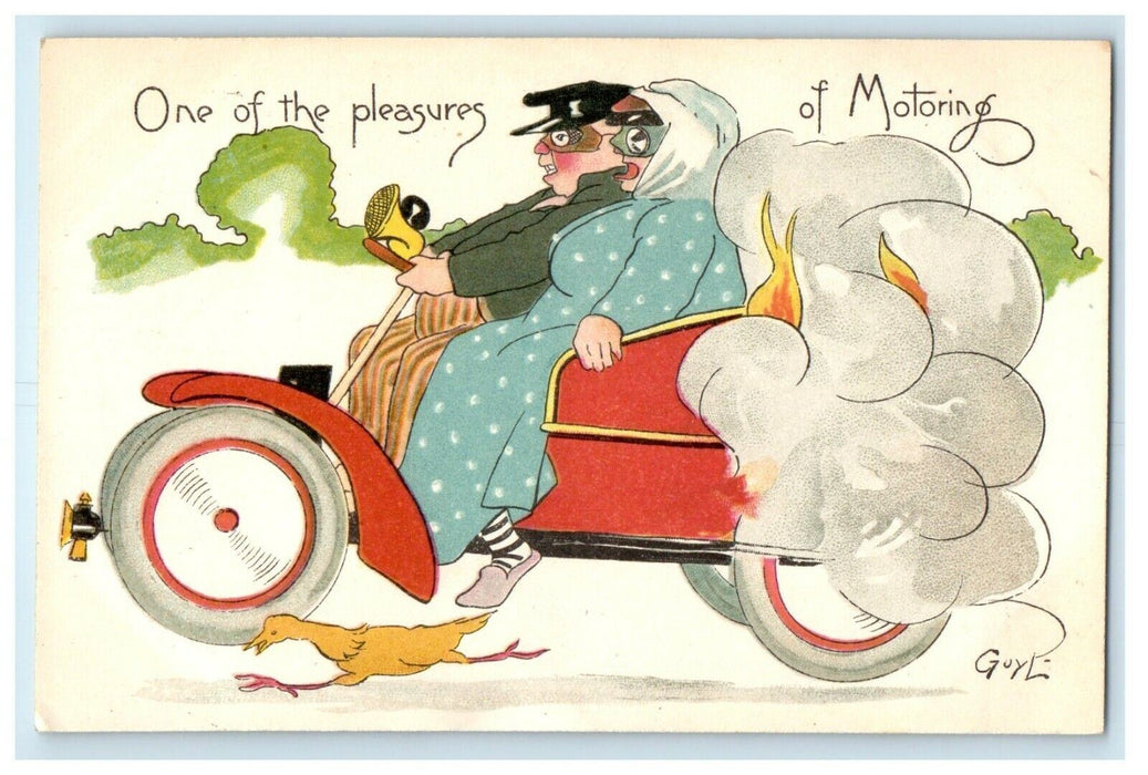 c1910 Old Couple Driving Car Fire Racing Duck Comic Funny Humor Germany Postcard