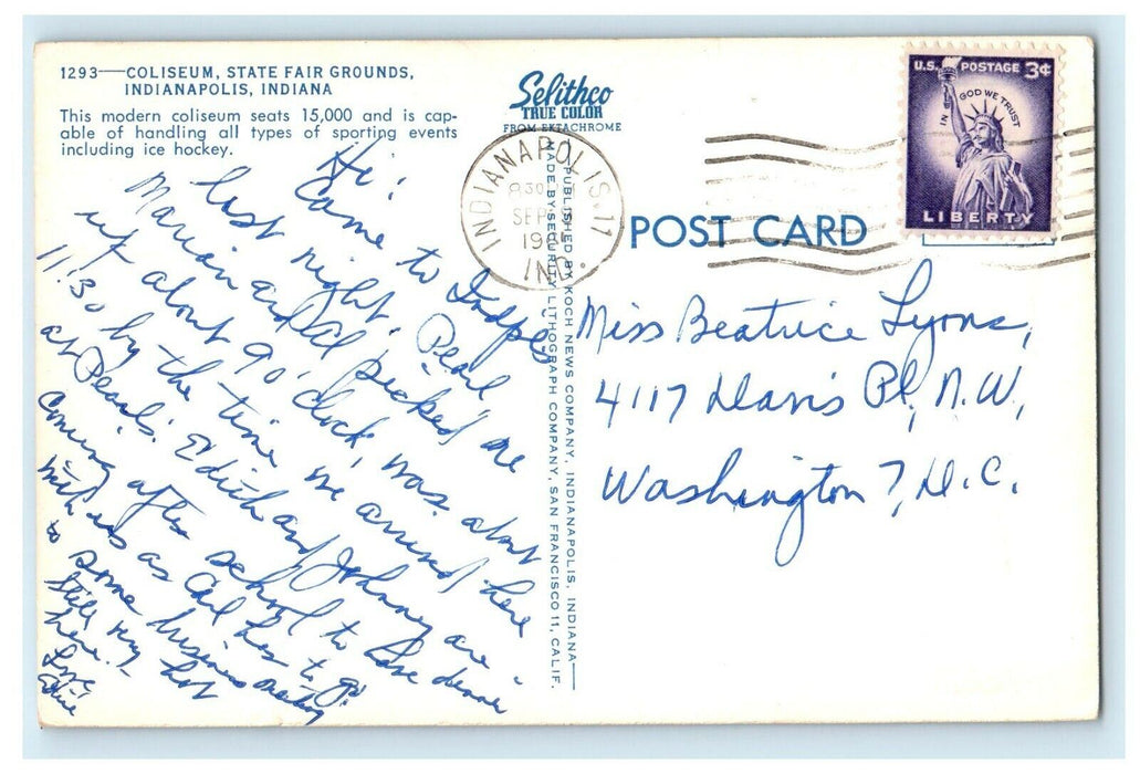 1961 Coliseum, State Fair Grounds, Indianapolis, Indiana IN Vintage Postcard
