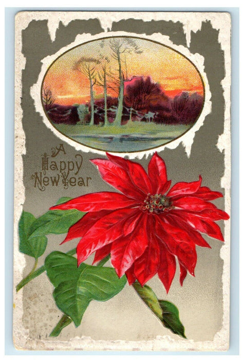 1910 A Happy New Year Snow Winter Poinsettia Flower Winsch Back Antique Postcard