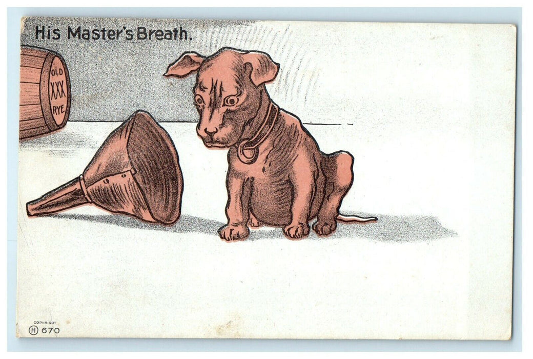 c1910 Brown Dog Smells His Master's Breath On Rye Whiskey Cask Funnel Postcard