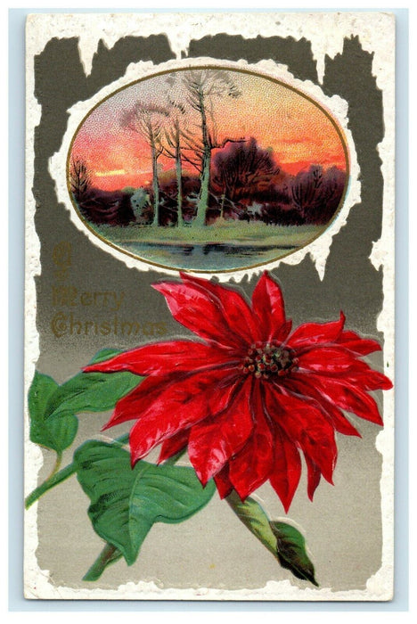 1910 A Merry Christmas Winsch Back Snow Winter Poinsettia Embossed Postcard
