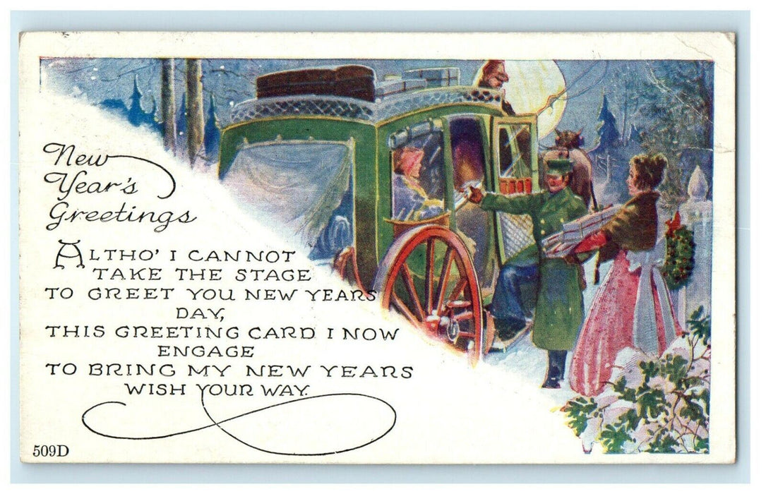 1920 New Year Greetings Girl In Dress Holding Gifts Horse Carriage Postcard