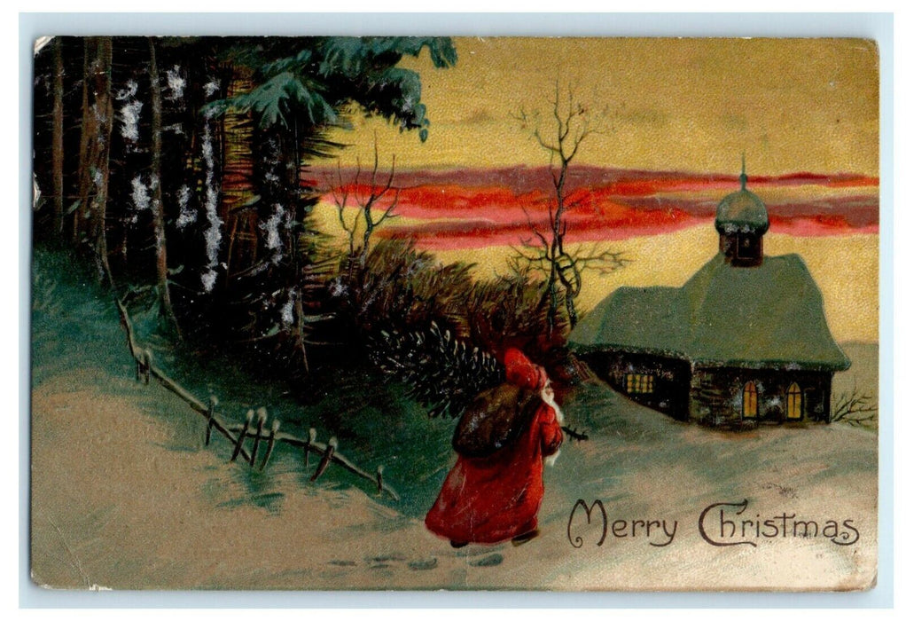 1914 Christmas Santa Claus Germany Toys Snow Winter Brooklyn Indiana Postcard