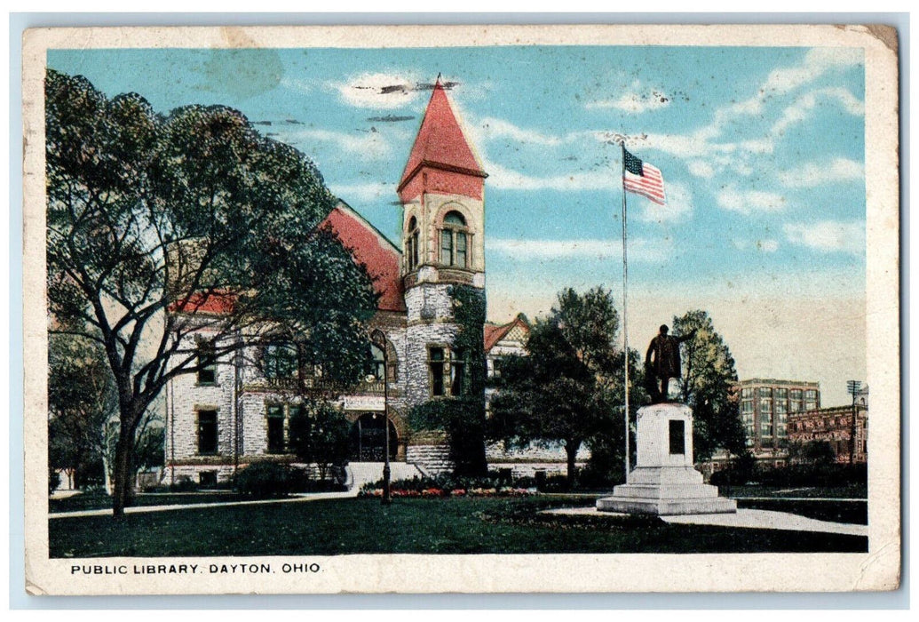 1920 USA Flag, Monument, Public Library Dayton Ohio OH Antique Postcard