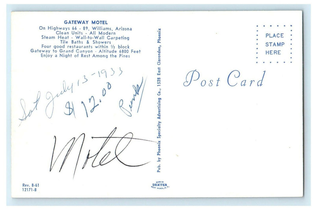 1933 Gateway Motel, On Highways 66-89 Williams Arizona AZ Advertisement Postcard