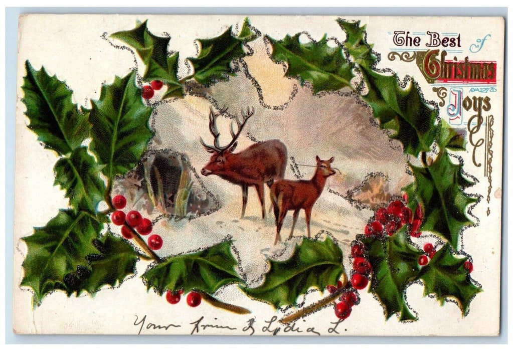 c1910's Christmas Joy Deer Reindeer Holly Berries Snow Winter Embossed Postcard