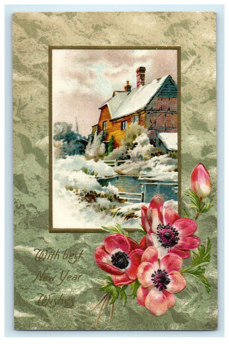 1909 New Year Winsch Back Pink Flowers Cabin House Pond Embossed Postcard