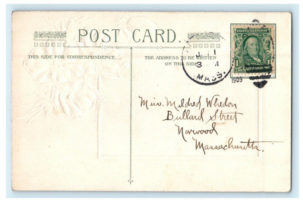 1909 New Year Winsch Back Pink Flowers Cabin House Pond Embossed Postcard