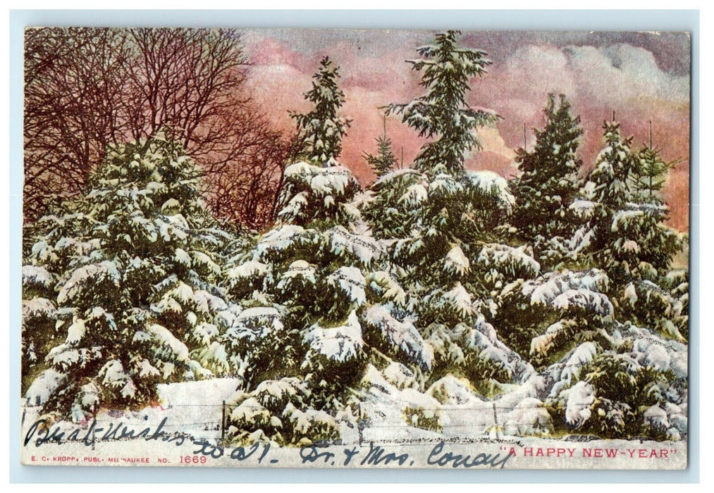 1905 New Year Pine Trees Snow Winter Scene Milwaukee Wisconsin WI Postcard