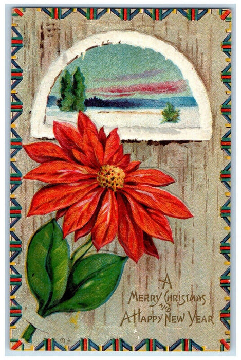 1913 Merry Christmas & Happy New Year Poinsettia Flowers Embossed Postcard