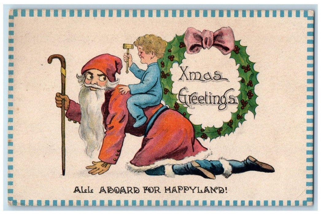 1913 Xmas Greetings Holly Wreath Santa Claus Little Boy At The Back RPO Postcard