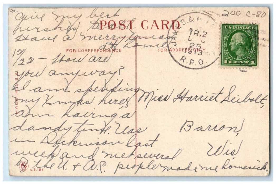 1913 Xmas Greetings Holly Wreath Santa Claus Little Boy At The Back RPO Postcard