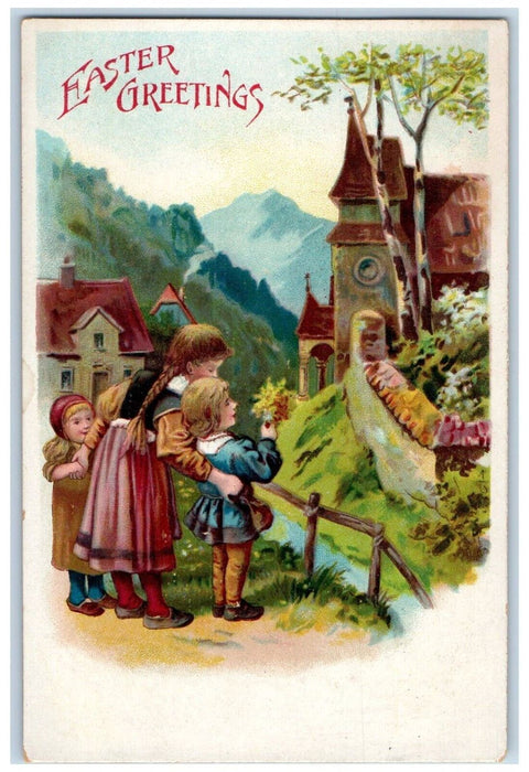 c1910's Easter Greetings Little Boy Offering Flowers Bridge Antique Postcard
