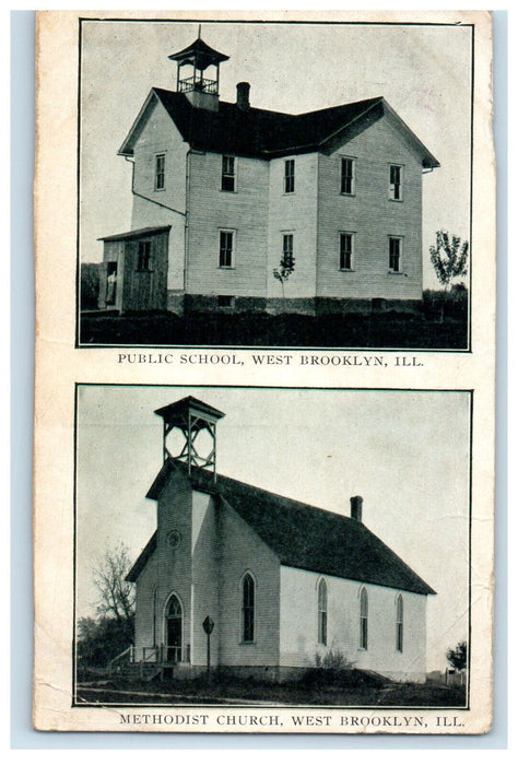 c1910 Public School and Methodist Church West Brooklyn Illinois IL Postcard
