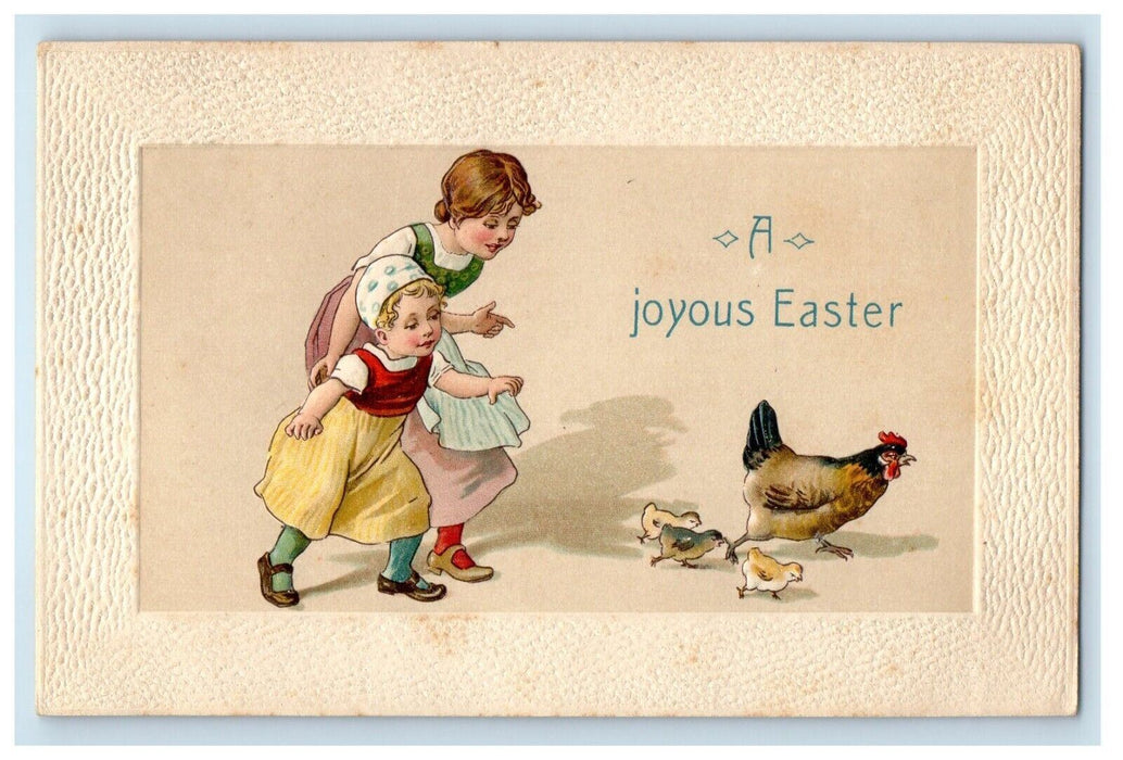 c1910's Joyous Easter Mother And Daughter Chasing Chicken Hen Chicks Postcard
