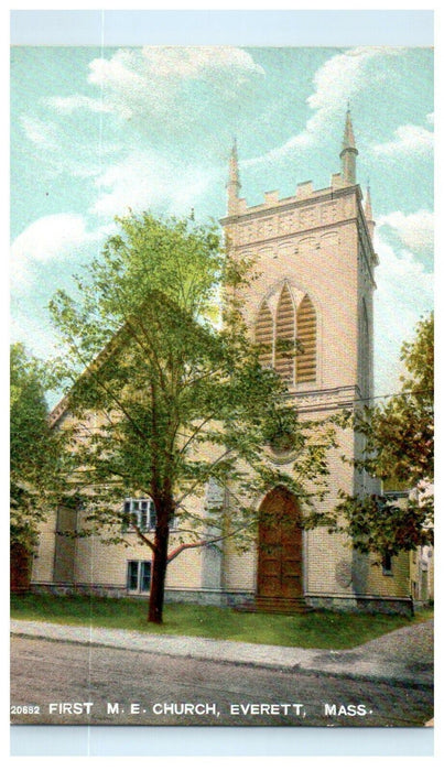1913 First M.E. Church in Everett, Massachusetts MA Antique Postcard
