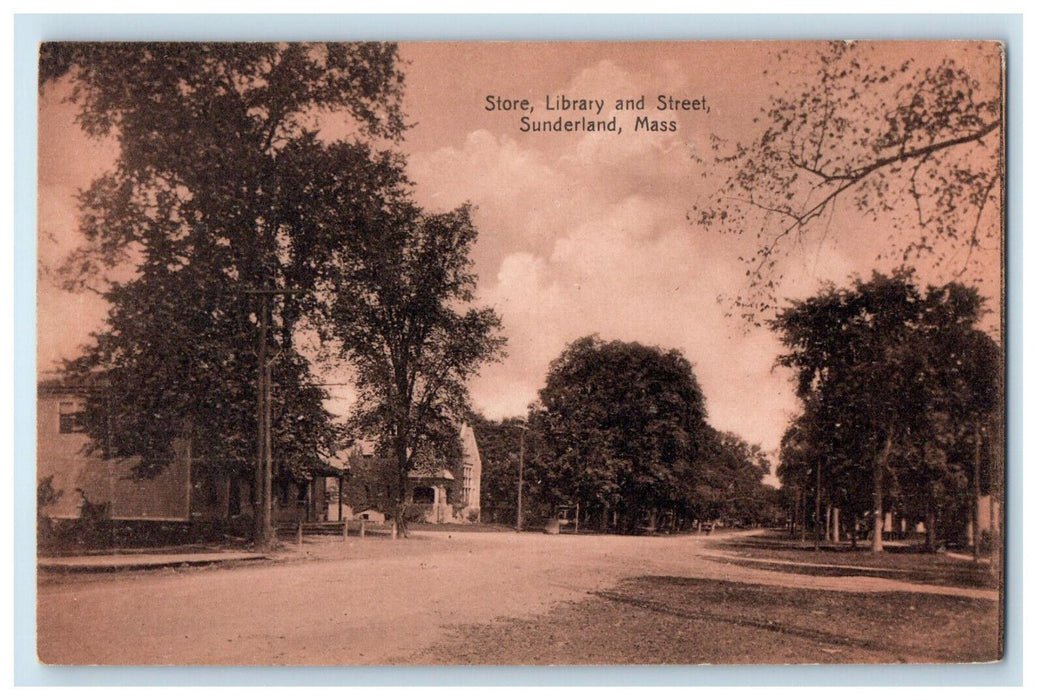 c1910 Store Library and Street, Sunderland Massachusetts MA Postcard