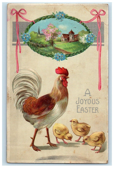 c1910's Joyous Easter Rooster Chicks Flowers House View Embossed Postcard