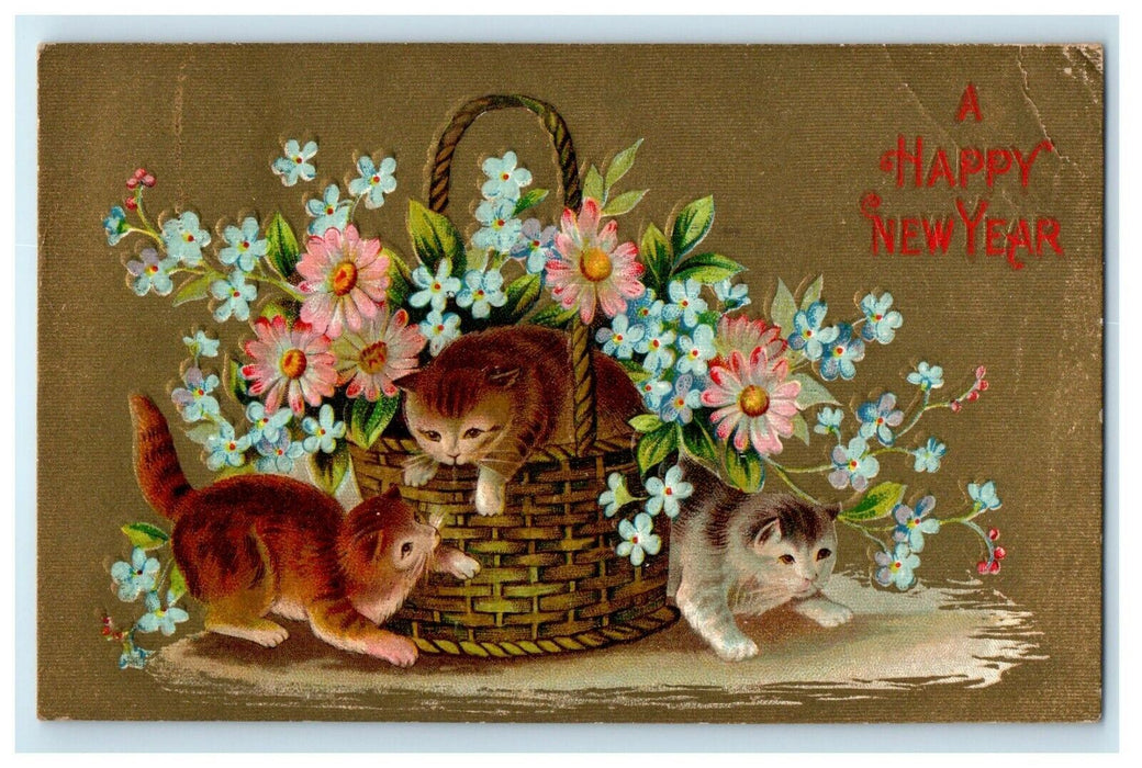 1910 New Year Cute Cats And Flowers In Basket Embossed Antique Postcard