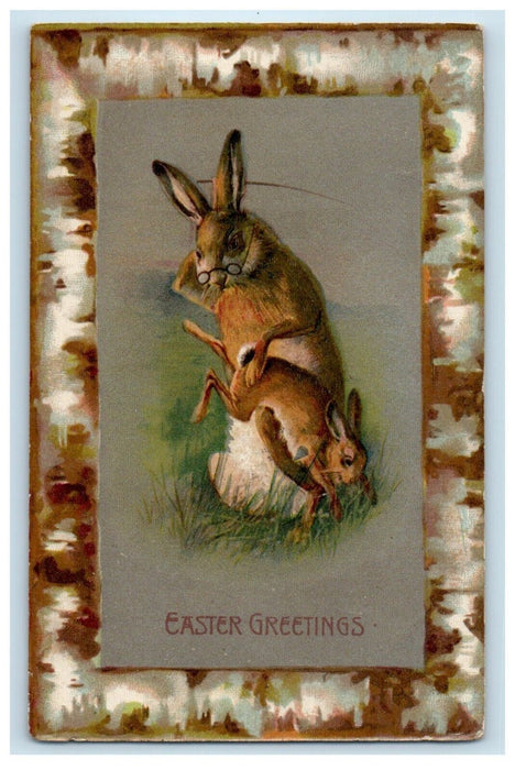 1909 Easter Greetings Anthropomorphic Bunny Rabbit Winsch Back Antique Postcard