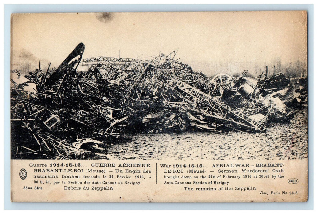 1914 WW1 Remains of Zeppelin LZ TI France Unposted Antique Postcard