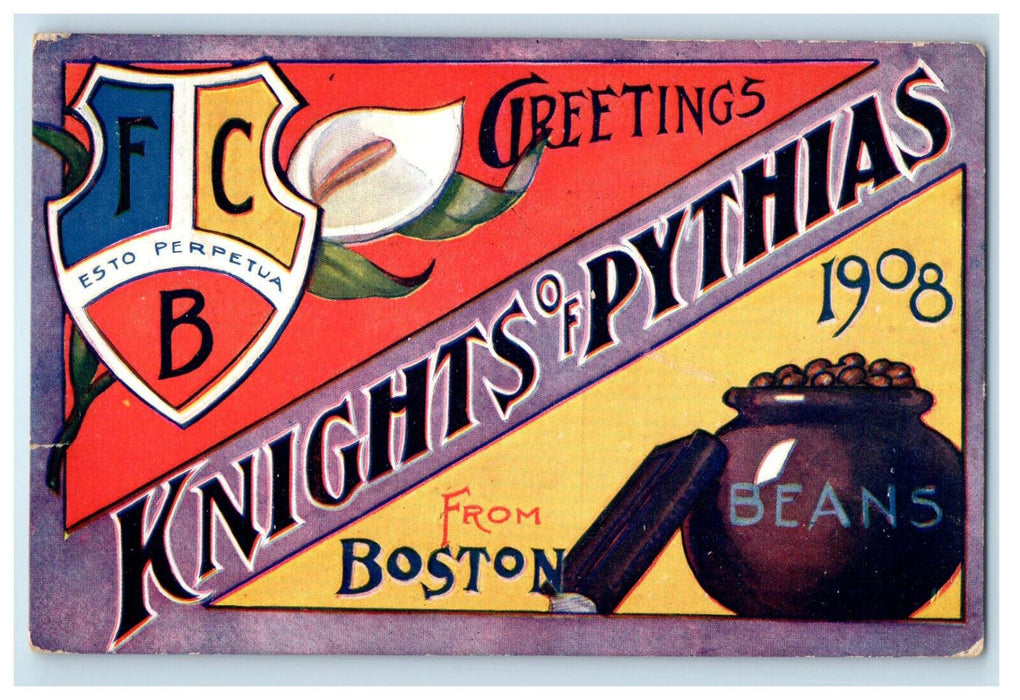 1908 Jar of Beans, Knights of Pythias, Greetings from Boston MA Postcard