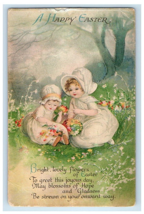 c1910's Happy Easter Poem Little Girl Picking Flowers Wolf Antique Postcard