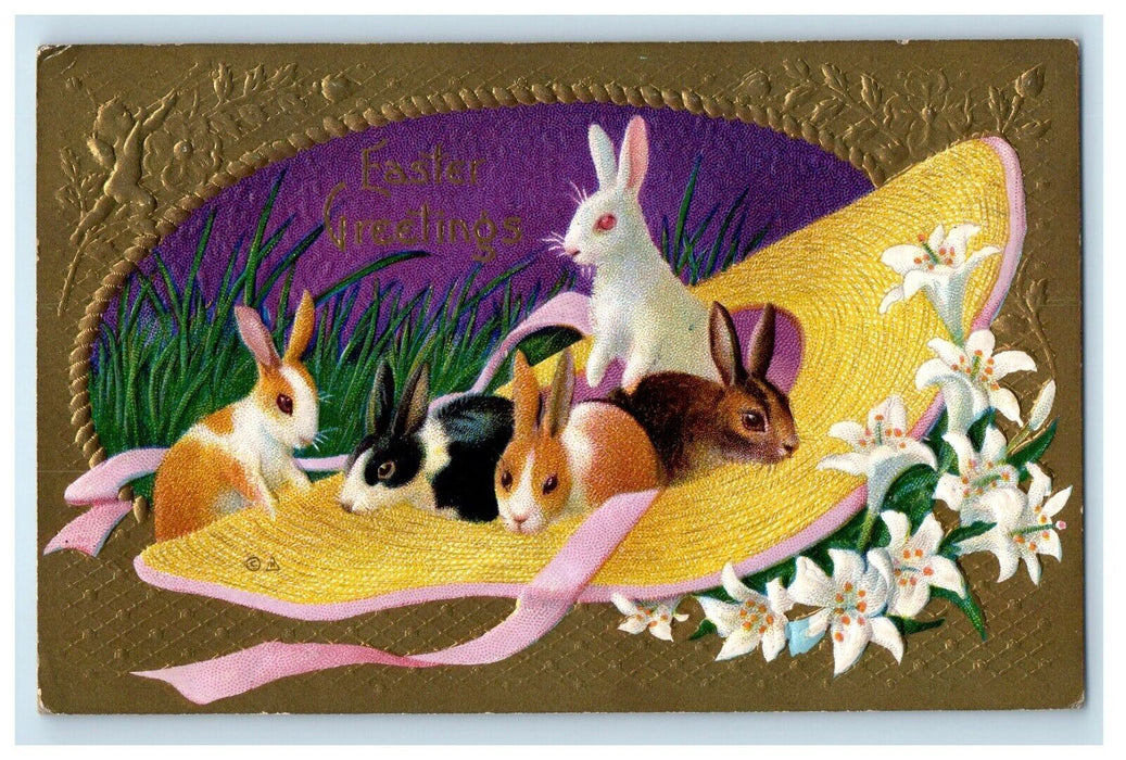 c1910's Easter Greetings Big Hat Bunny Rabbit Lily Flowers Embossed Postcard