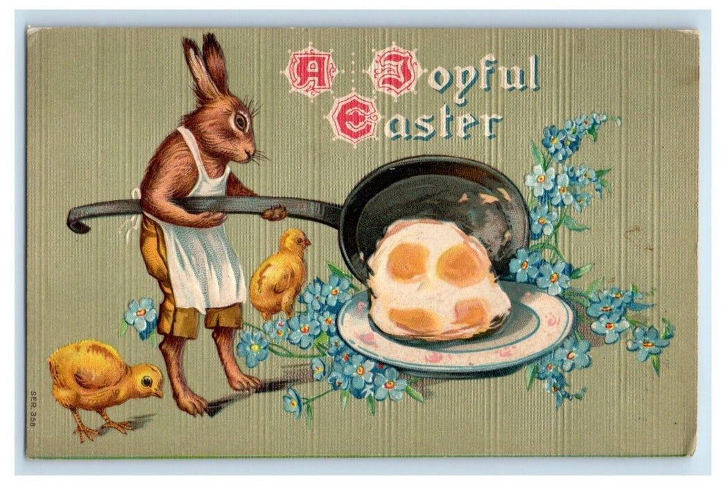 1912 Joyful Easter Anthropomorphic Rabbit Cooking Egg Chicks Embossed Postcard