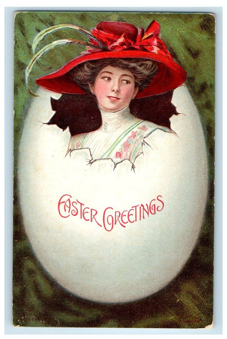 1909 Easter Greetings Girl Red Hat Hatched Egg Osseo Wisconsin WI Postcard