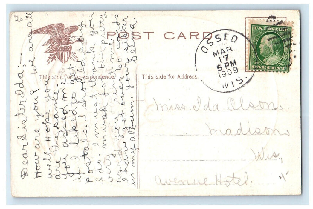 1909 Easter Greetings Girl Red Hat Hatched Egg Osseo Wisconsin WI Postcard