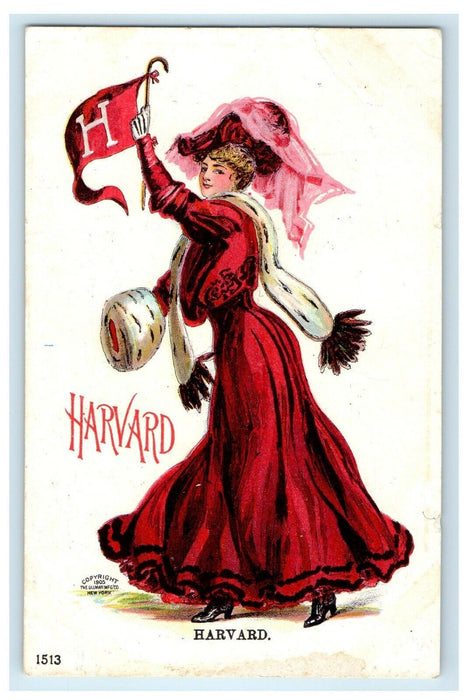 Harvard University Beautiful College Girl Pennant Massachusetts MA Postcard