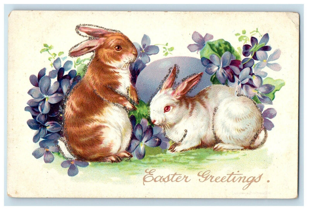 Easter Greetings Rabbits Egg Pansies Flowers Embossed Glitter Tuck's Postcard