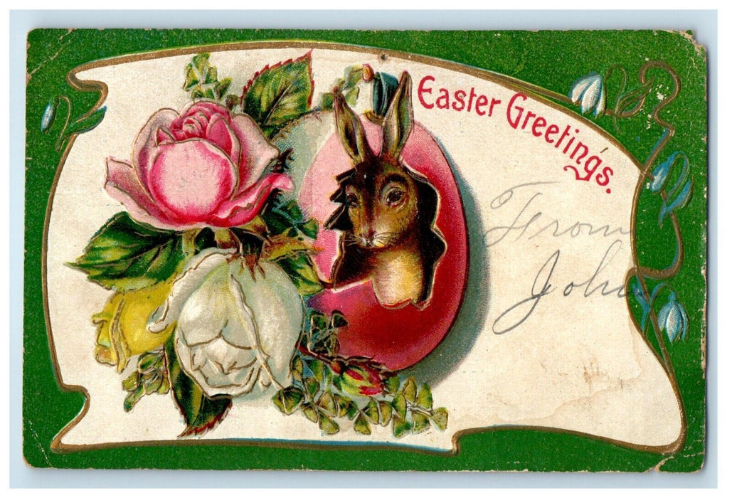 1906 Easter Greetings Hatched Egg Rabbit Flowers Embossed Antique Postcard