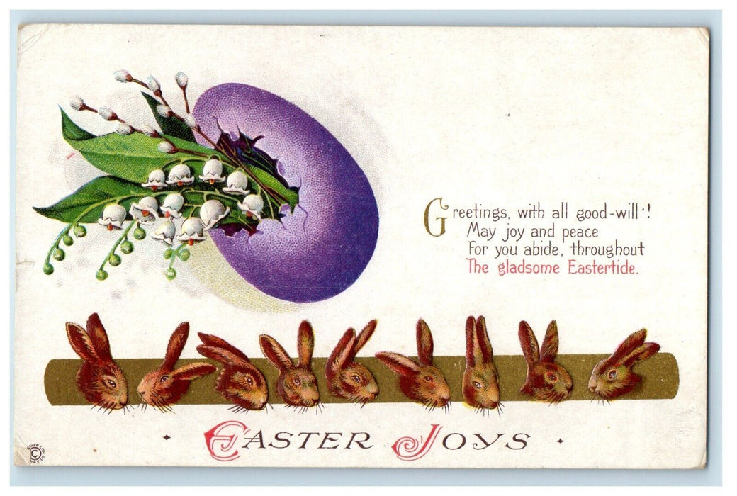 Easter Greetings Hatched Egg Flowers Rabbits Bunny Head Embossed Postcard