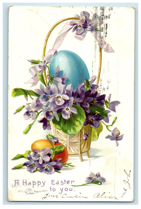 1908 Happy Easter Basket Flowers Egg Embossed Tuck's Posted Antique Postcard