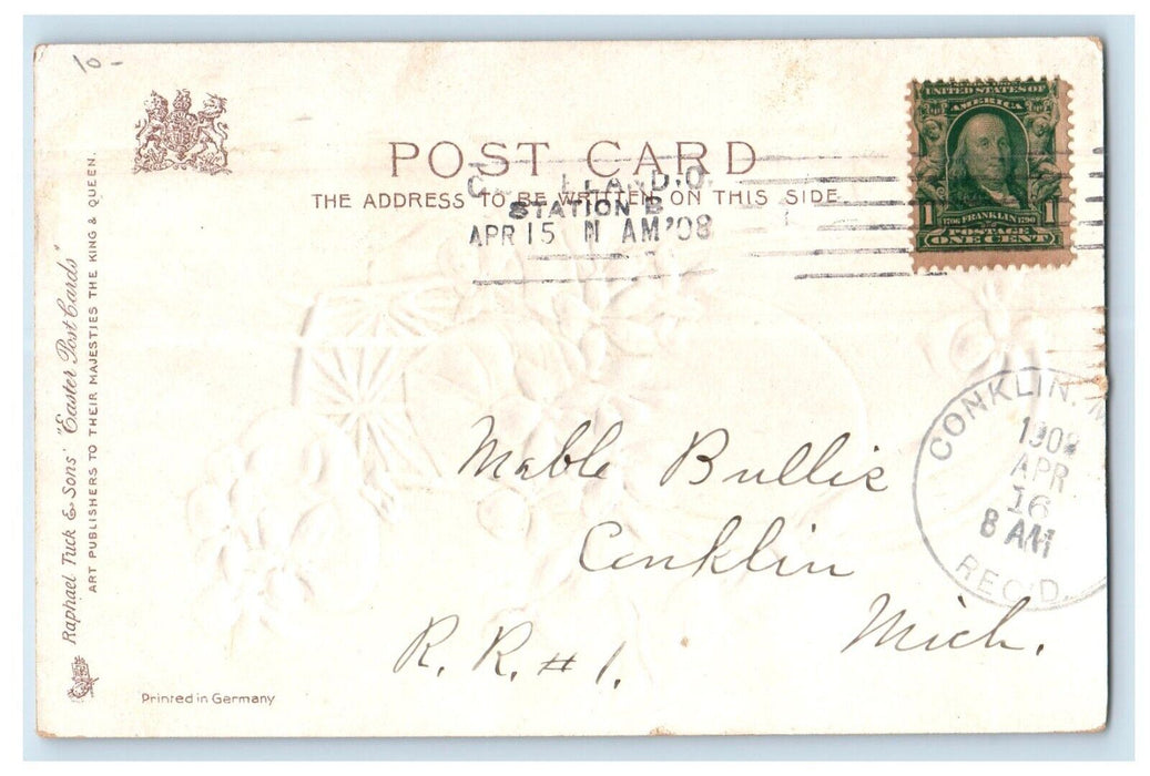 1908 Happy Easter Basket Flowers Egg Embossed Tuck's Posted Antique Postcard