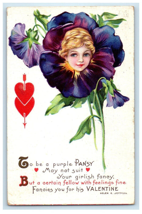 1916 Valentine Pretty Girl Pansies Flower Head Hearts Posted Antique Postcard