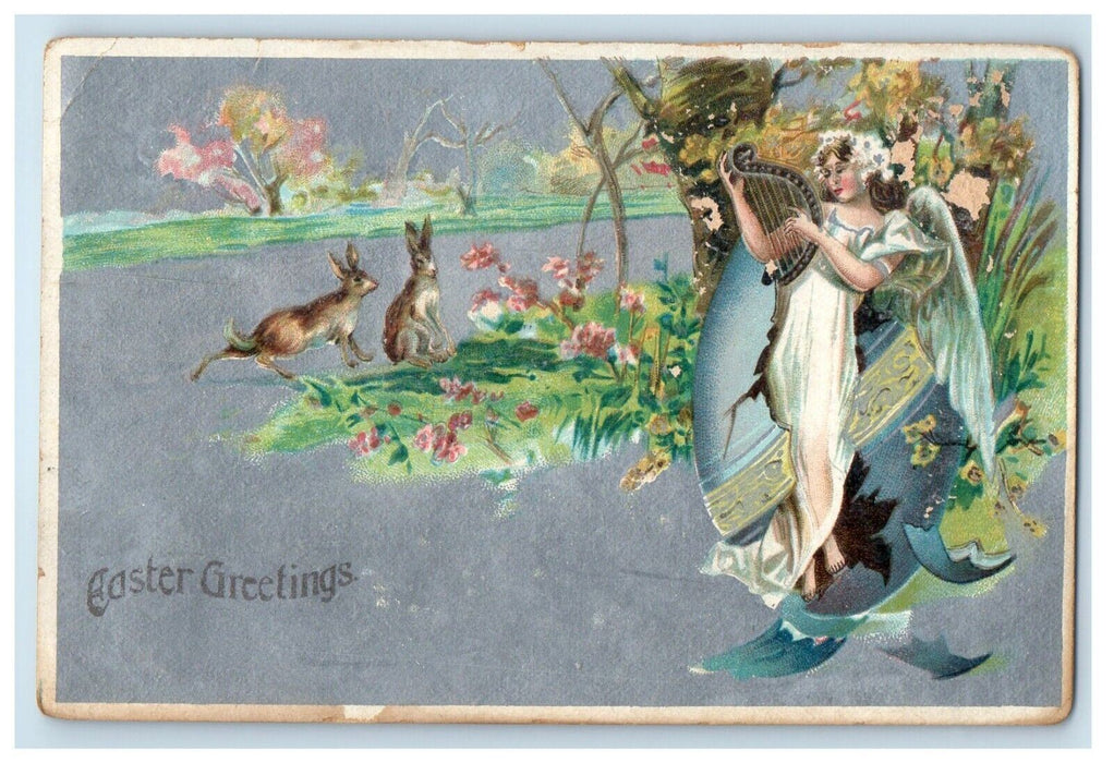c1910's Easter Greetings Hatched Egg Angel Playing Harp Rabbit Flowers Postcard
