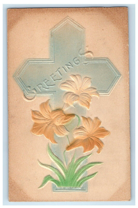 c1910's Easter Greetings Airbrushed Cross Lily Flowers Embossed Antique Postcard